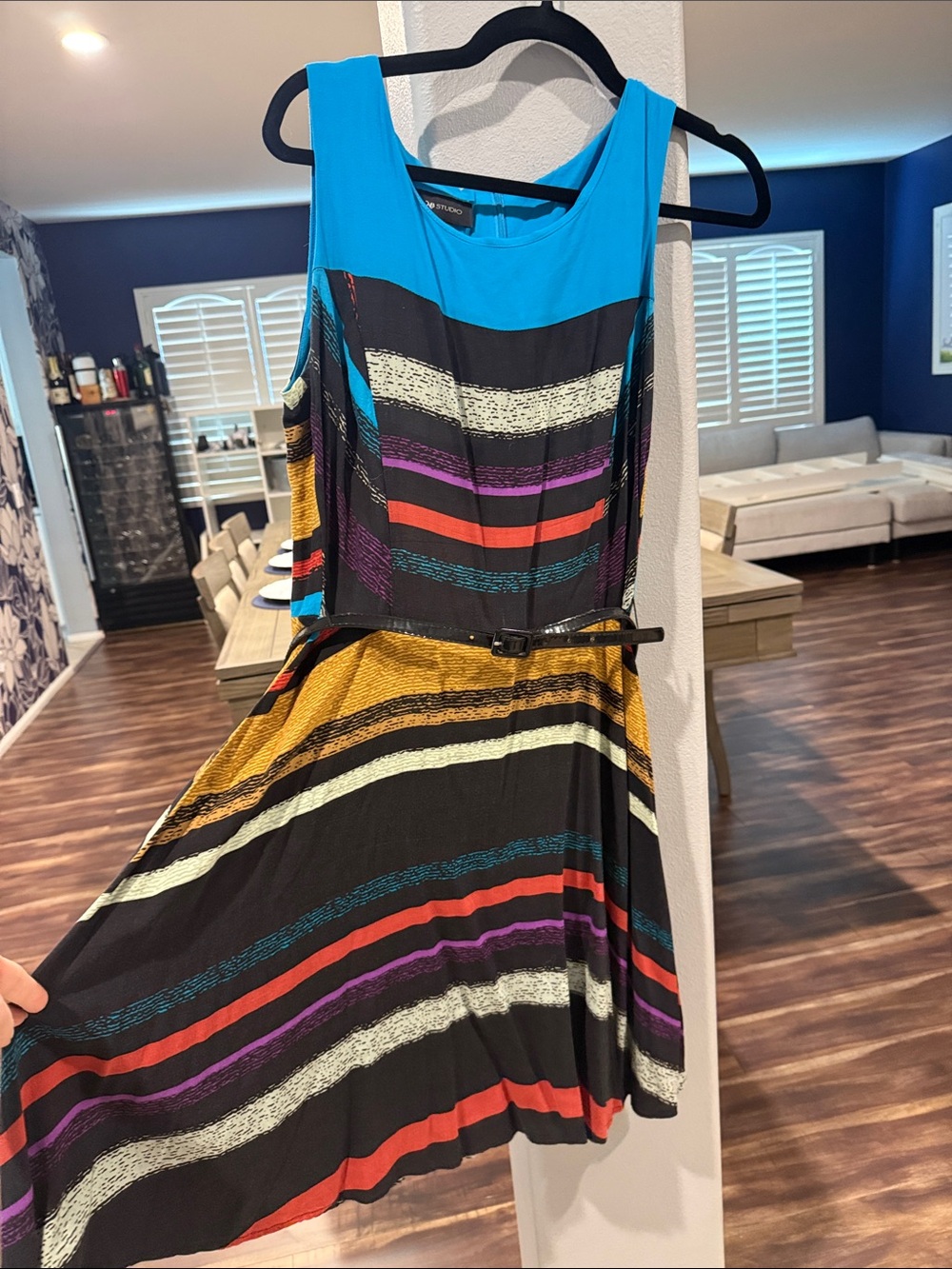AB Studio Bright Blue Yoke Multicolor Striped Midi Dress
